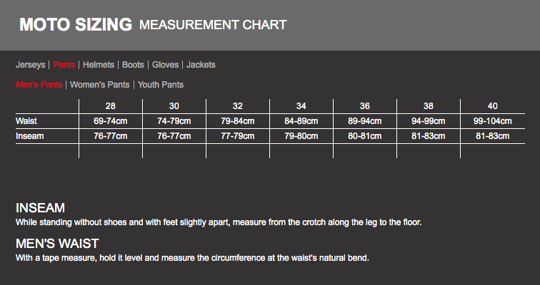 Fox Racing Youth Pants Size Chart