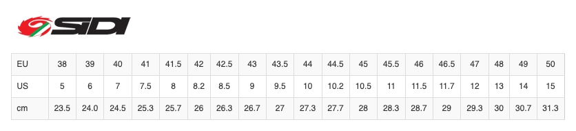 Sidi Wire Size Chart